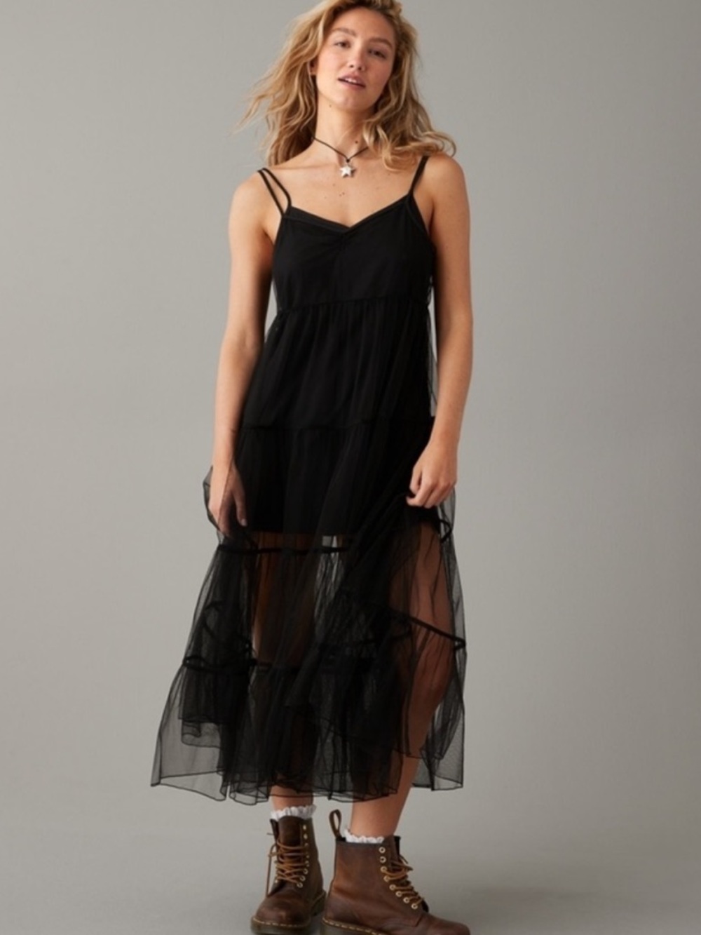 NWT American Eagle Black Tiered Mesh Midi Dress